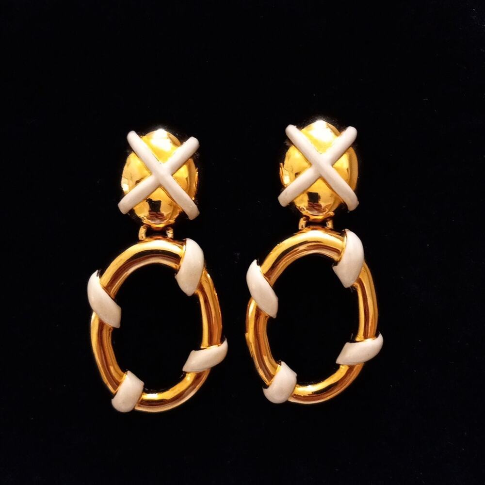 ST JOHN Vintage Gold-Tone and Cream Enamel Earrings